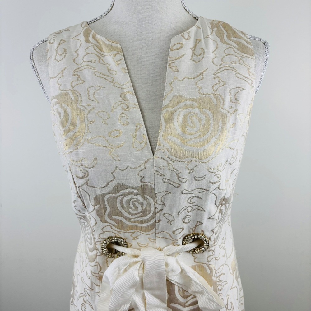 New Vertigo Paris Gold Floral Brocade Sheath Dress Metallic V-Neck Cocktail XS - Picture 2 of 12